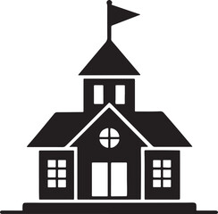 Silhouette of School Building With Flagpole and Windows Symbolic of Education and Learning Institution for Students, Teachers and Staff