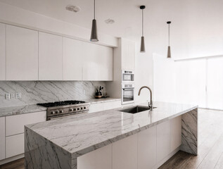 Stylish modern minimalist kitchen interior with handle-less white cabinets and a large island table topped with quartz