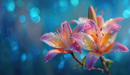 Delicate pink and orange lilies, bokeh background
