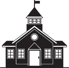 Simple Black and White Silhouette of a Traditional School Building with a Flag on Top of the Roof