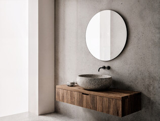 A tranquil bathroom interior with a hand-carved stone sink, curved wooden vanity, and picture frames.