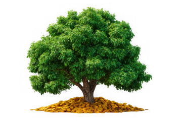 Lush green tree growing from a pile of golden coins isolated on transparent background