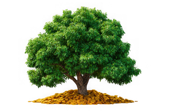 Lush green tree growing from a pile of golden coins isolated on transparent background - Powered by Adobe