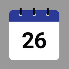 Vector calendar icon illustration with day 26, date, month, and year for event and holiday planning template design