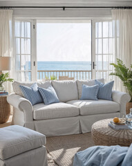 A coastal living room with a soft white linen slipcovered sofa is accented with blue striped cushions and a rattan side table