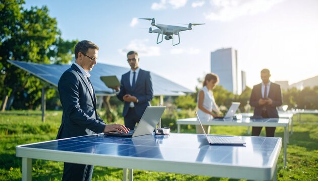 Professionals collaborate in a smart outdoor workspace with portable transparent laptops and solar panels, overseen by a drone, ideal for themes of future tech, green energy, and innovation
