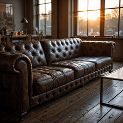 A living space with a deep distressed leather sofa on raw wood floors accompanied by a steel-framed coffee table- Captured at sunset with golden light reflecting on the leathers surface