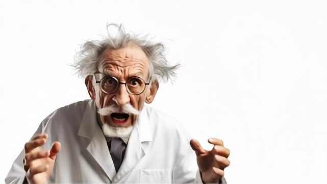 Eyes wild and hair in disarray, a disheveled mad scientist fixes the camera with an intense, unnerving desperate gaze, hinting at brilliant yet unhinged intellect. White background, isolated, cut out