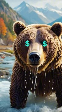 vertical 9:16 A bear with $ sign eyes in a mountain river