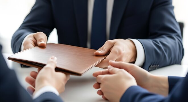 Businesspeople exchanging a leather portfolio across a table during a formal meeting.