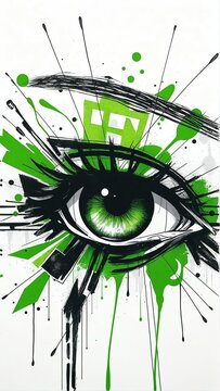 A close-up abstract painting of a human eye with realistic detail, expressive brushstrokes, and green splashes across a black and white geometric, street-art-inspired background.