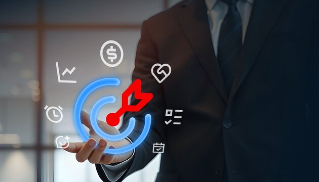Business professional presents a holographic goal target with strategy icons floating above his hand showing success.