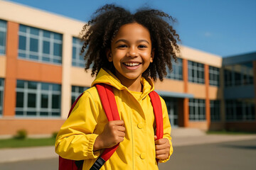 Happy schoolgirl standing in front of a school building smiling wearing a yellow jacket