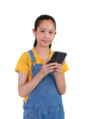 Asian girl child using smartphone and wireless headphones to enjoy with music isolated on white...