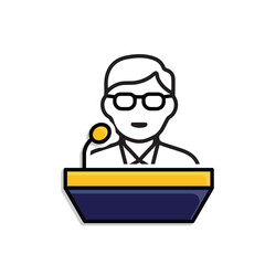 education icon. public speaking. student is speaking on the podium. smart. Mixed design style