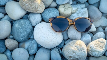 Sunglasses resting on a collection of colorful stones.