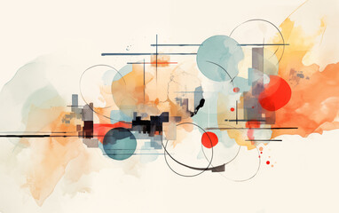 Abstract watercolor painting with circles lines and geometric shapes design