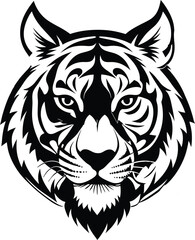 This collection of black and white images feature illustrations of tiger head