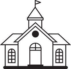 Simple Black and White Illustration of a Classic School Building with a Flagpole on the Roof and Traditional Windows