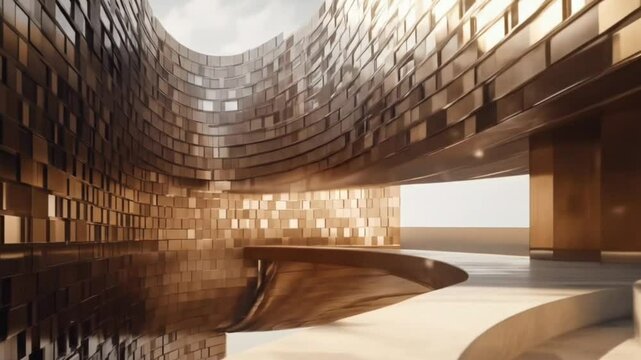 Curved copper architectural structure with glowing metallic surface in warm sunlight. Seamless looping 4k time-lapse animation video background