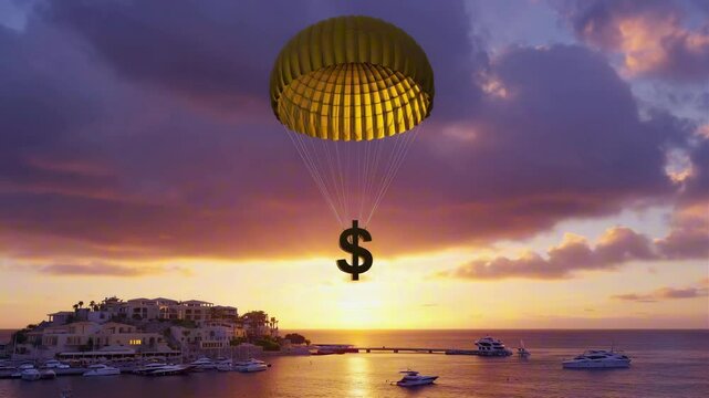 Parachute carrying a $ sign, drifting slowly toward a luxury island at sunset, clouds parting around it