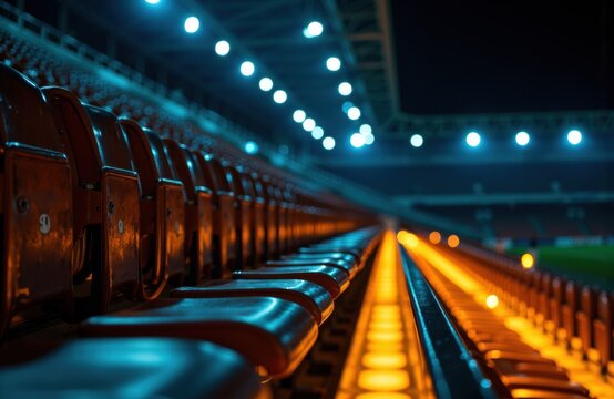 Empty stadium seats illuminated by vibrant blue and orange lighting at night