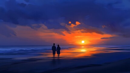 Fototapeta premium Silhouette of two people watching a vibrant sunset over the ocean.