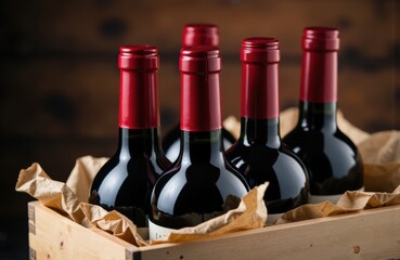 Four wine bottles with red caps arranged in a row inside a wooden box with crumpled paper for cushioning