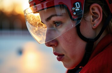 Female ice hockey player wearing a helmet with visor looking focused during sunset
