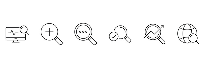 Digital monitoring magnification analytics zoom confirm search internet performance review discover focus approval global insight icons vector illustration.
