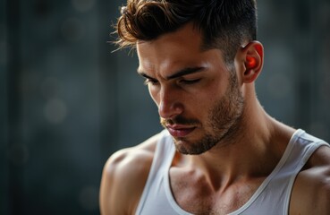 Obraz premium Man with short dark hair and stubble looks downward with a serious expression, wearing a white tank top against a dark blurred background