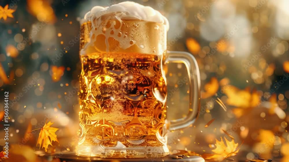 Poster a mug of beer sits on a wooden table with a rustic background