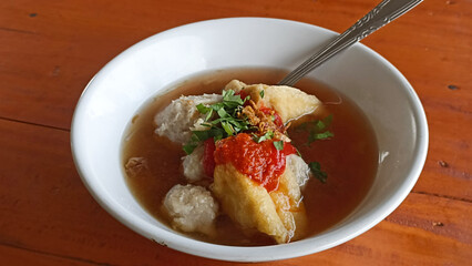 Delicious Indonesian Meatball Soup (Bakso) in a White Bowl