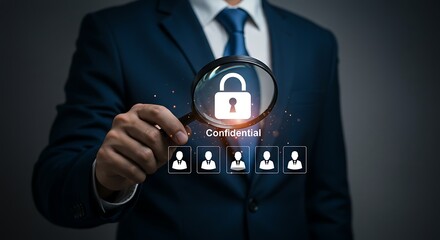 Businessman in Dark Blue Suit Holding Magnifying Glass Focusing on Confidential Data Security Icon with User Profile
