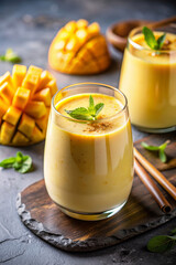 Mango Lassi Smoothie with Fresh Mango on Rustic Wooden Board for Cooking Blogs, Nutrition Websites, Healthy Living, Exotic Drink Recipes, and Social Media Food Content  