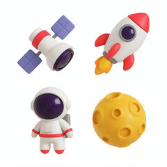3D set of space theme icons with astronaut, rocket, satellite, and moon

