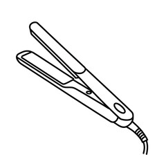 Simple line art illustration of an open hair straightener with a cord