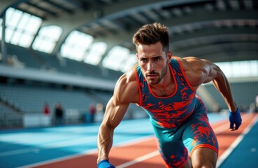 Male athlete in colorful sportswear preparing to sprint on an indoor track