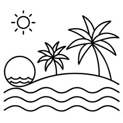 A calm beach scene with waves, palm trees, sun, sand, and seashells. Clean lines and soft pastel colors.