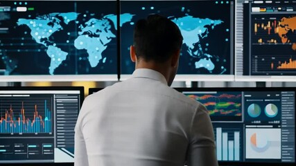 A professional analyzing global data and trends on multiple screens. - Powered by Adobe