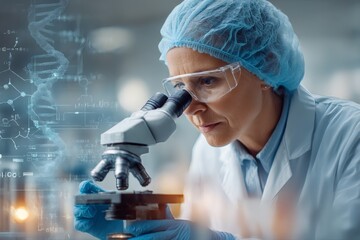 Female scientist working with microscope in modern laboratory setting
