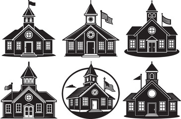 Illustrations of Classic American Schoolhouses Depicting Education History and Nostalgia, Offering Variations in Design and Symbolic Representation of Institutions