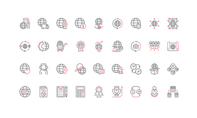 Global business organization, worldwide product distribution, international commerce line icon set. Earth globe with message and heart, handshake thin black and red outline symbols vector illustration