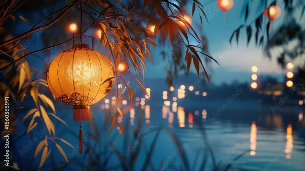 Poster a lantern hangs from a tree branch above a peaceful body of water, perfect for using in scenes about