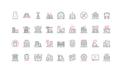 Urban infrastructure, public city buildings and tunnel, bridge and road, traffic light line icon set. Amusement park and port, parking thin black and red outline symbols vector illustration
