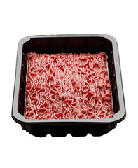 fresh minced meat in black plastic packaging isolated on white background
