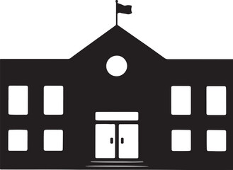 Minimalist Black and White Schoolhouse Illustration with Triangular Roof and Bell Tower