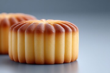A stunning close-up showcases two delicious, golden mooncakes with perfect texture.