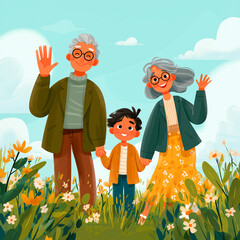 Happy Grandparents Day Cartoon – Grandparents and Grandson in Flower Field