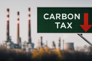 A sign displaying "Carbon Tax" with a downward arrow stands in front of a blurred industrial plant with smokestacks.
